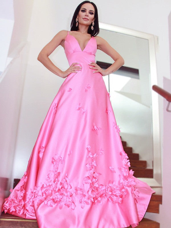 Robe trapèze/princesse en satin à fleurs faites à la main, col en V, sans manches, traîne courte