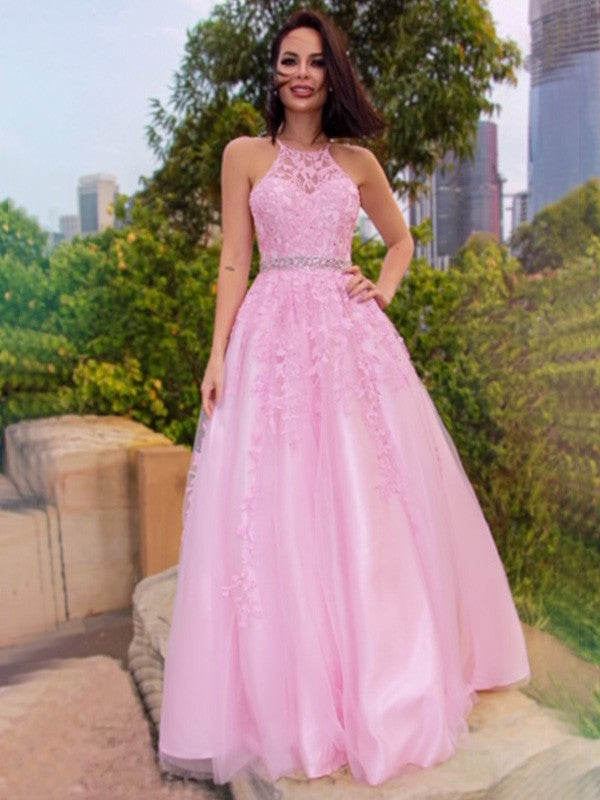 Robe trapèze/princesse en tulle avec appliques, dos nu, sans manches, longueur au sol