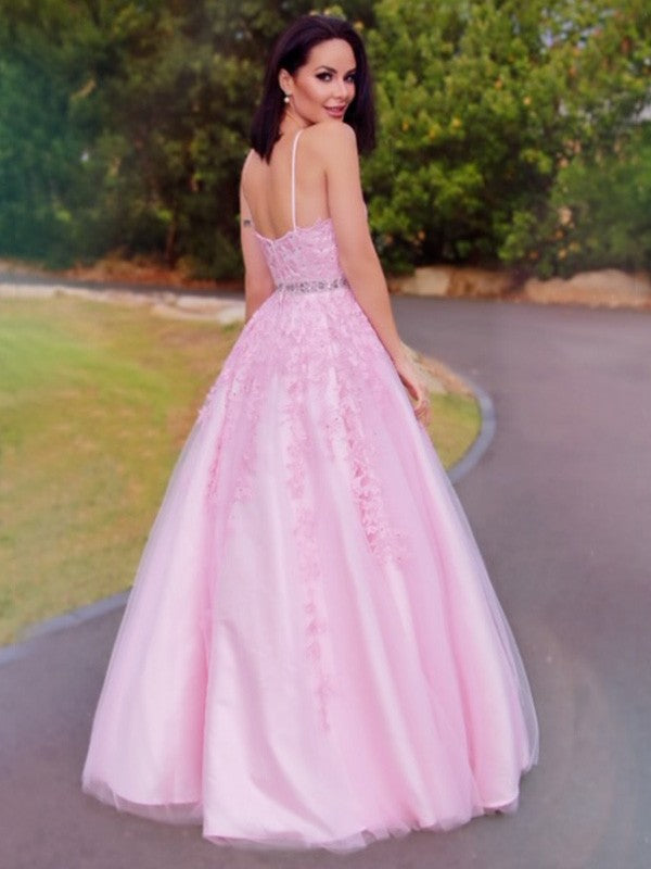 Robe trapèze/princesse en tulle avec appliques, dos nu, sans manches, longueur au sol