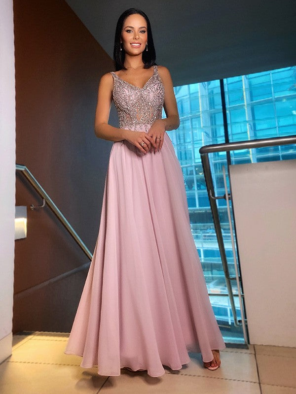 A-Line/Princess Chiffon V-neck Sleeveless Beading Floor-Length Dresses