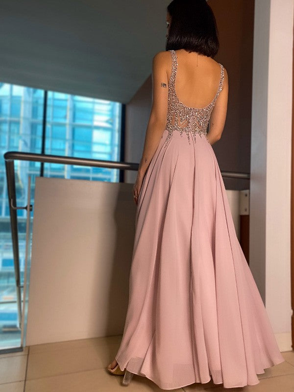 A-Line/Princess Chiffon V-neck Sleeveless Beading Floor-Length Dresses