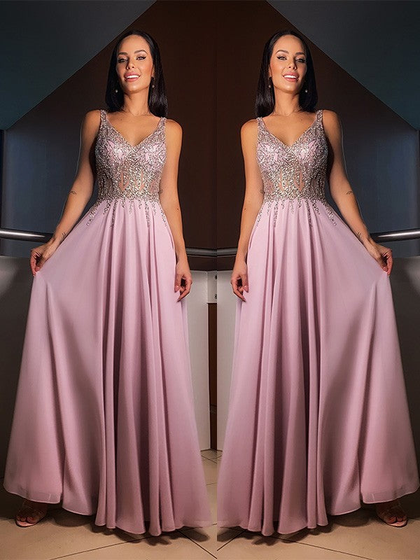 A-Line/Princess Chiffon V-neck Sleeveless Beading Floor-Length Dresses