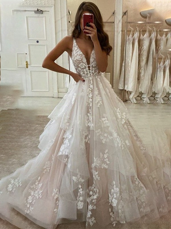 Robe de mariée trapèze/princesse en tulle, col en V, sans manches, avec appliques, longueur au sol