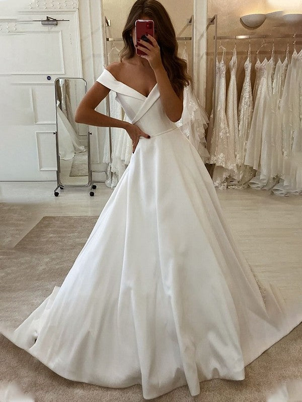 A-Line/Princess Satin Ruffles Off-the-Shoulder Sleeveless Sweep/Brush Train Wedding Dresses
