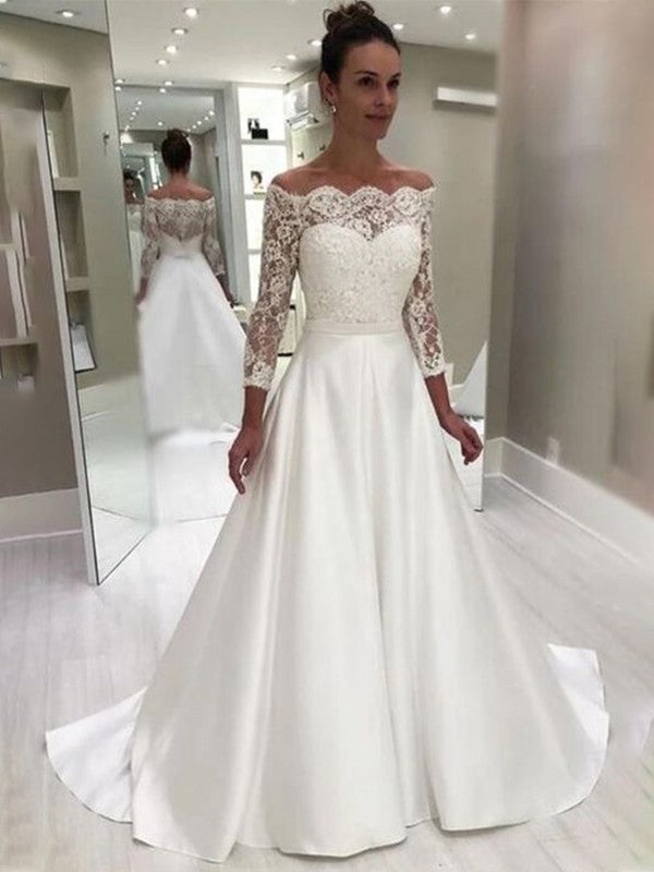 A-Line/Princess Satin 3/4 Sleeves Lace Sweep/Brush Train Off-the-Shoul YiDiBang Dresses A-Line/Princess Satin 3/4 Sleeves Lace Sweep/Brush Train Off-the-Shoul YiDiBang Dresses