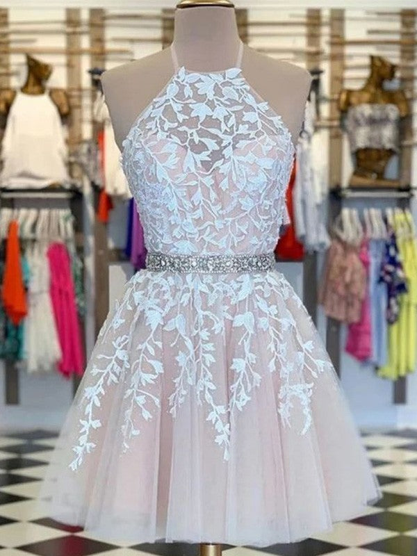 Robe de soirée courte/mini, coupe trapèze/princesse, en tulle, sans manches, dos nu, avec appliques