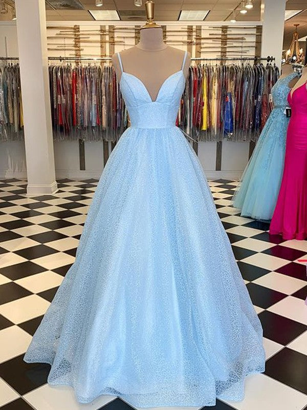 A-Line/Princess Floor-Length V-neck Sleeveless Tulle Ruffles Dresses