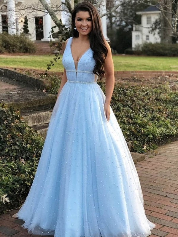 A-Line/Princess Floor-Length V-neck Sleeveless Tulle Beading Dresses