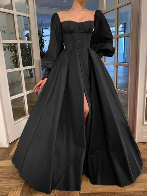 A-Line/Princess Long Sleeves Square Ruffles Satin Floor-Length Dresses
