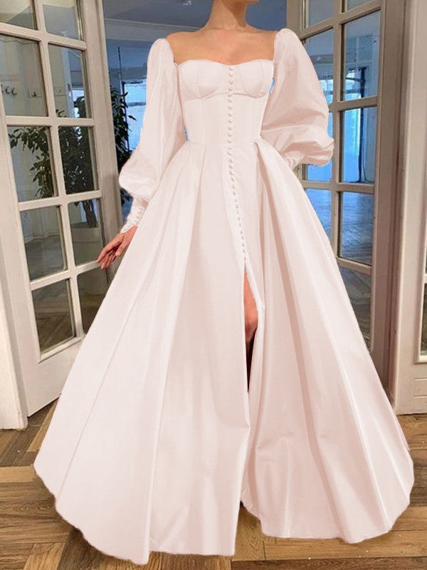 A-Line/Princess Long Sleeves Square Ruffles Satin Floor-Length Dresses