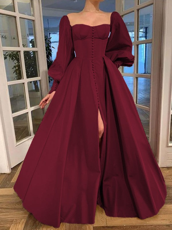 A-Line/Princess Long Sleeves Square Ruffles Satin Floor-Length Dresses