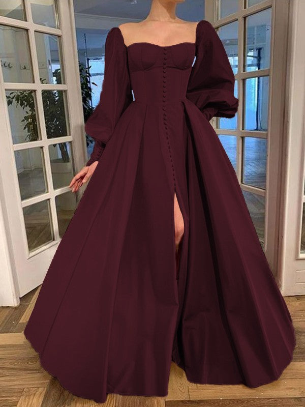 A-Line/Princess Long Sleeves Square Ruffles Satin Floor-Length Dresses