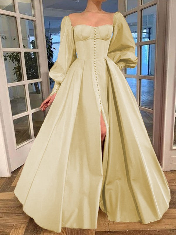 A-Line/Princess Long Sleeves Square Ruffles Satin Floor-Length Dresses