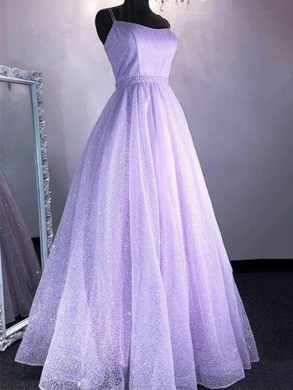 A-Line/Princess Tulle Spaghetti Straps Ruffles Sleeveless Floor-Length Dresses
