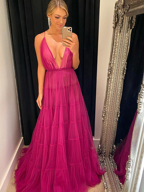 Robe trapèze/princesse en tulle, col en V, volants, sans manches, traîne courte