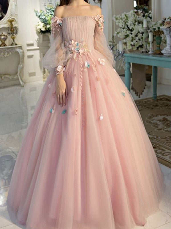 Robe de bal en tulle à épaules dénudées et manches longues, fleurs faites à la main, longueur au sol