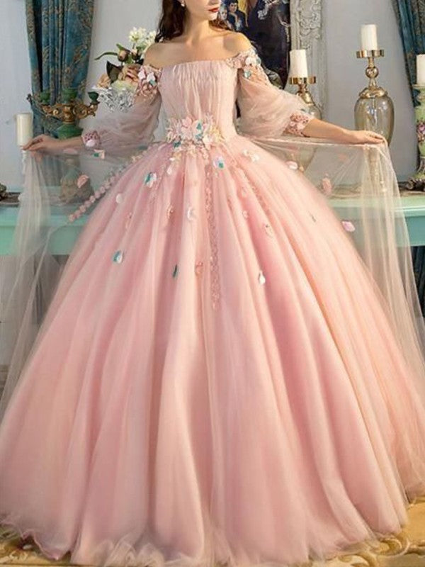 Robe de bal en tulle à épaules dénudées et manches longues, fleurs faites à la main, longueur au sol