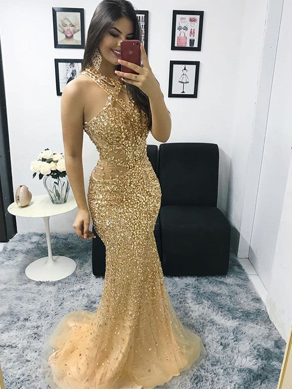 Trumpet/Mermaid Tulle Beading Halter Sleeveless Sweep/Brush Train Dresses