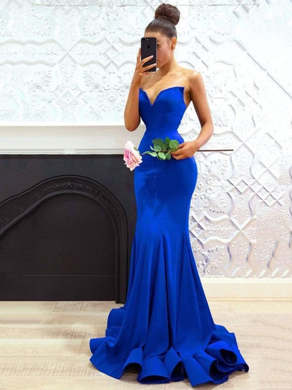 Trumpet/Mermaid Stretch Crepe Sweetheart Ruffles Sleeveless Sweep/Brush Train Dresses