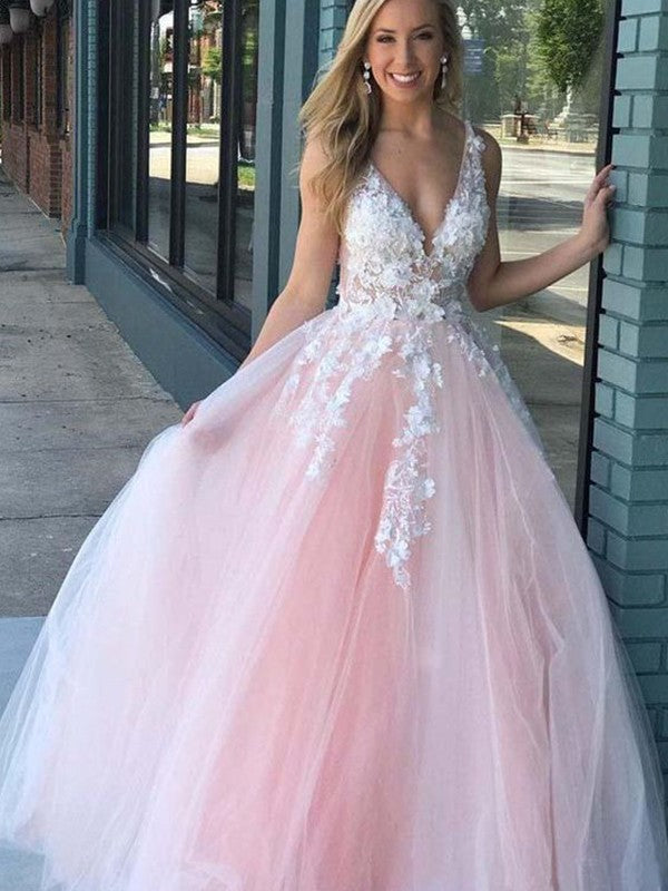 Robe trapèze/princesse à col en V et tulle appliqué, sans manches, longueur au sol