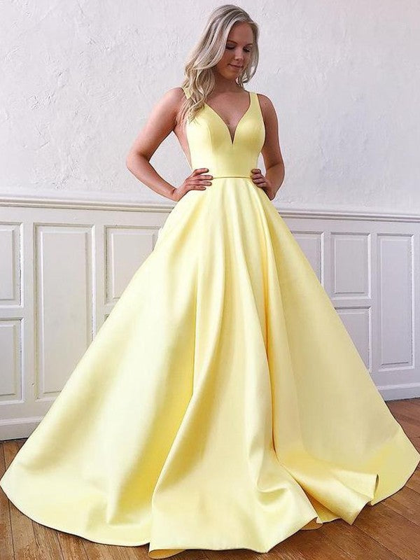 A-Line/Princess Satin Sleeveless Ruffles V-neck Sweep/Brush Train Dresses