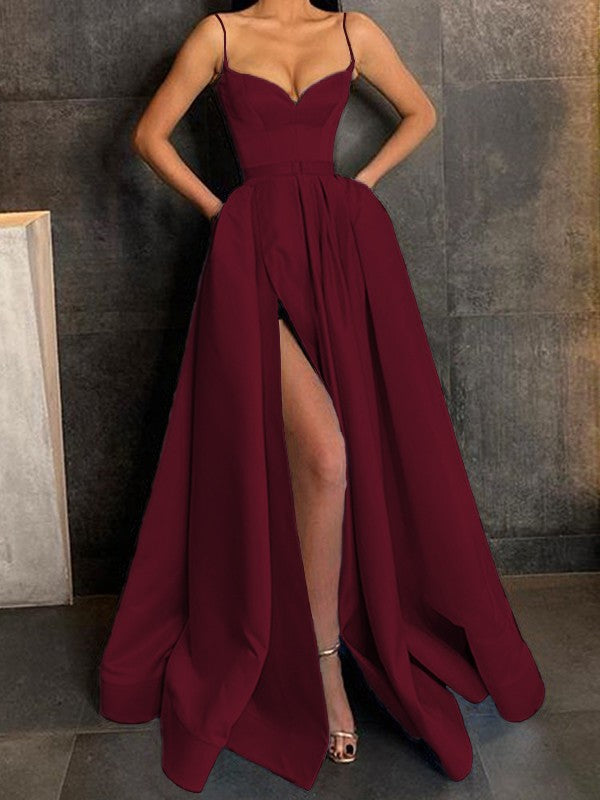 A-Line/Princess Satin Ruffles Spaghetti Straps Sleeveless Floor-Length Dresses