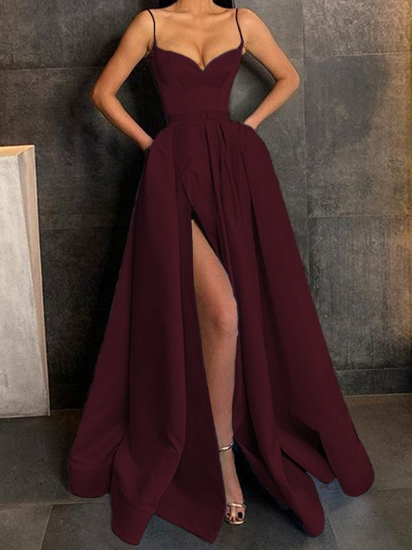 A-Line/Princess Satin Ruffles Spaghetti Straps Sleeveless Floor-Length Dresses