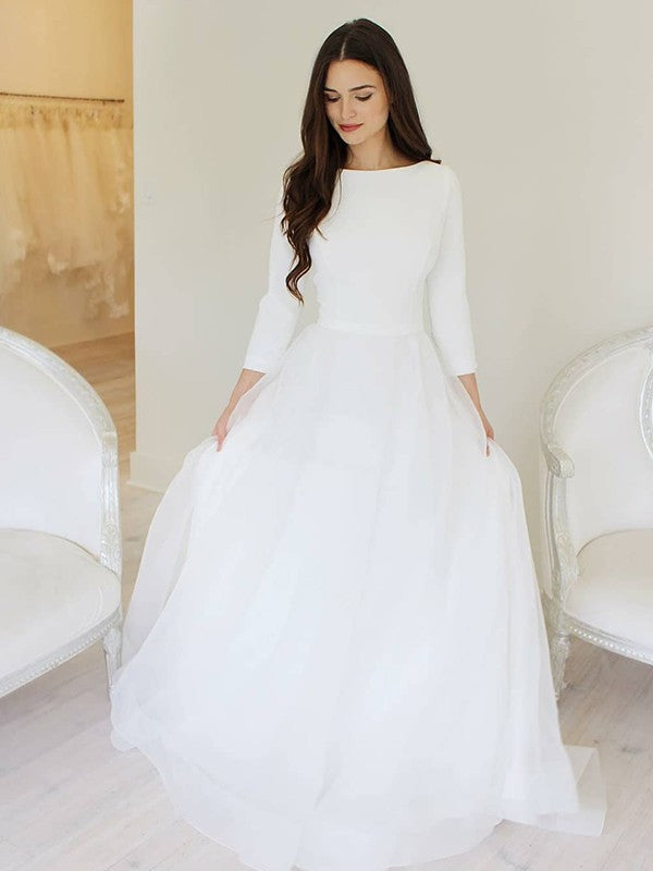 Robe de mariée trapèze/princesse en tulle à volants et manches longues, longueur au sol