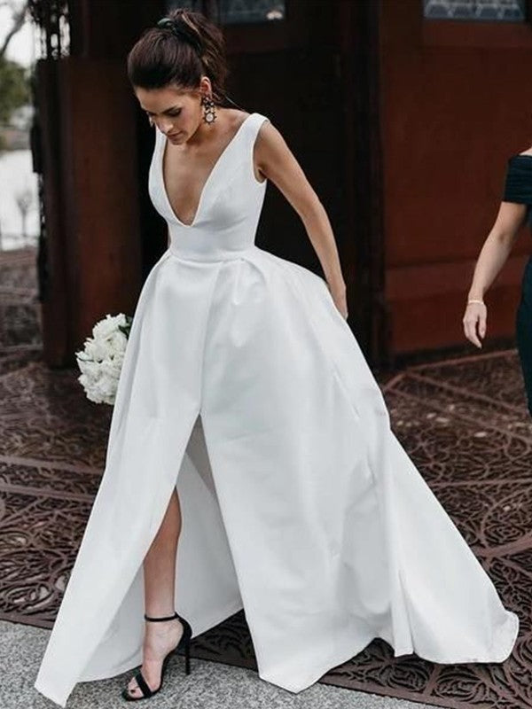A-Line/Princess Sleeveless Satin Ruffles V-neck Floor-Length Wedding Dresses