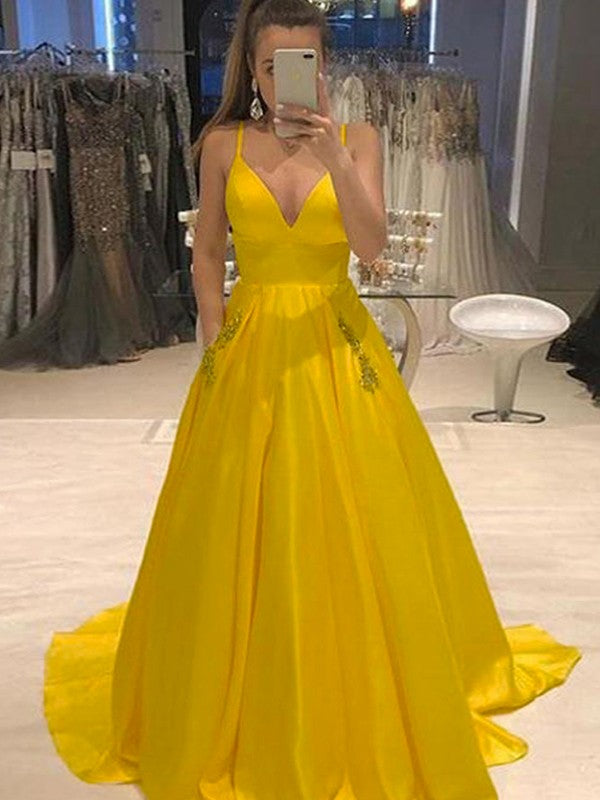A-Line/Princess Satin Ruffles V-neck Sleeveless Sweep/Brush Train Dresses