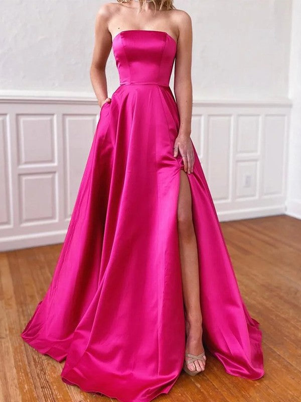 Süßes, lila-rotes, ärmelloses, bodenlanges Ballkleid in A-Linie aus Satin mit Rüschensaum