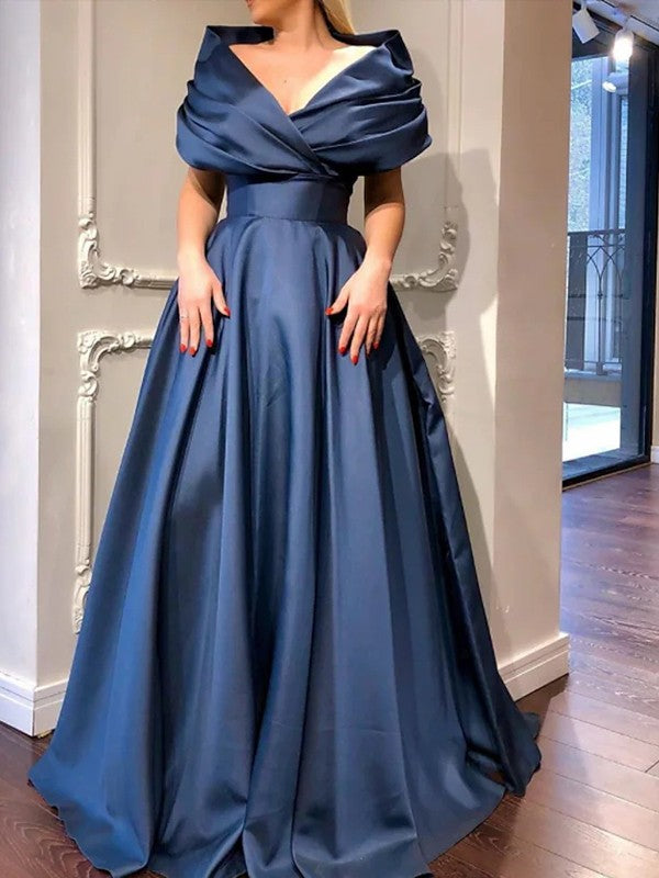 A-Line/Princess Satin Ruffles V-neck Sleeveless Sweep/Brush Train Dresses