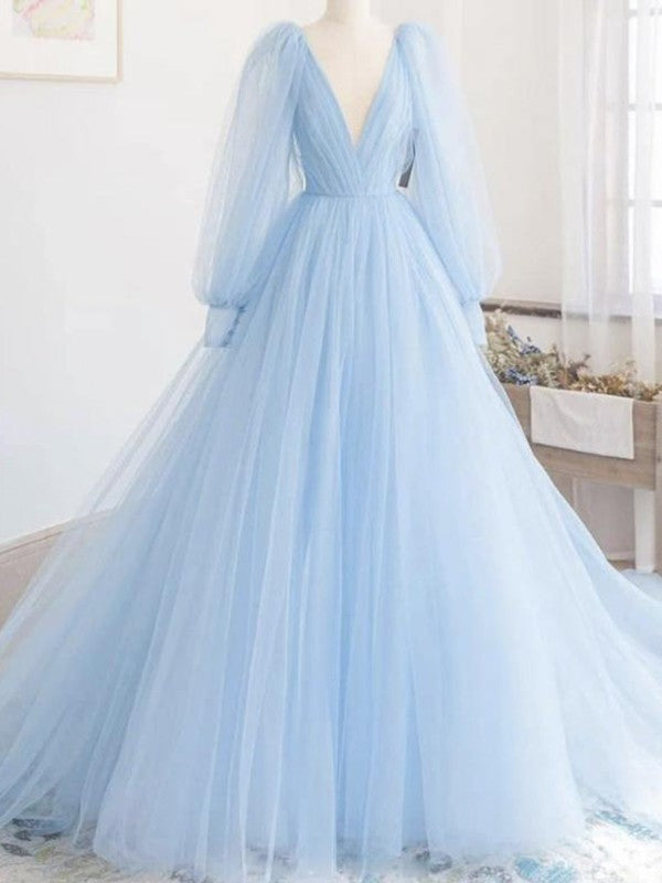 Robe trapèze/princesse en tulle à volants, col en V, manches longues, traîne courte