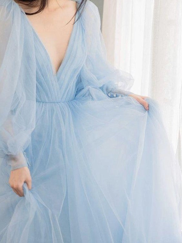 Robe trapèze/princesse en tulle à volants, col en V, manches longues, traîne courte