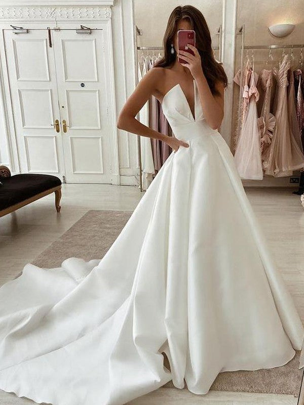 A-Line/Princess Satin Ruffles V-neck Sleeveless Sweep/Brush Train Wedding Dresses