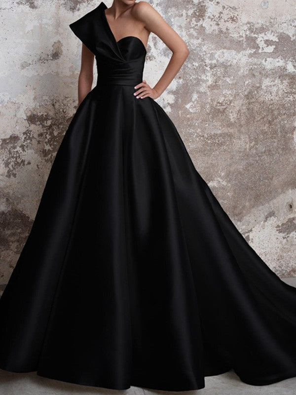 A-Line/Princess Satin Ruffles One-Shoulder Sleeveless Sweep/Brush Train Dresses