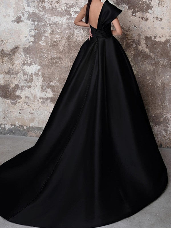 A-Line/Princess Satin Ruffles One-Shoulder Sleeveless Sweep/Brush Train Dresses
