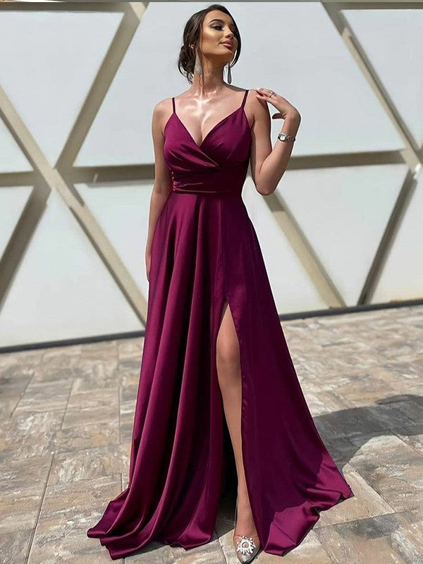 A-Line/Princess  Woven Satin Ruffles V-neck Sleeveless Sweep/Brush Train Dresses