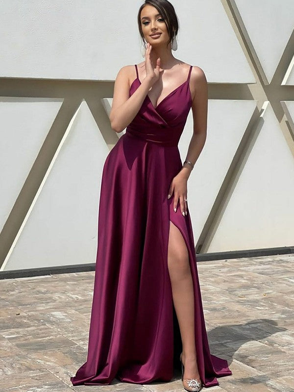A-Line/Princess  Woven Satin Ruffles V-neck Sleeveless Sweep/Brush Train Dresses