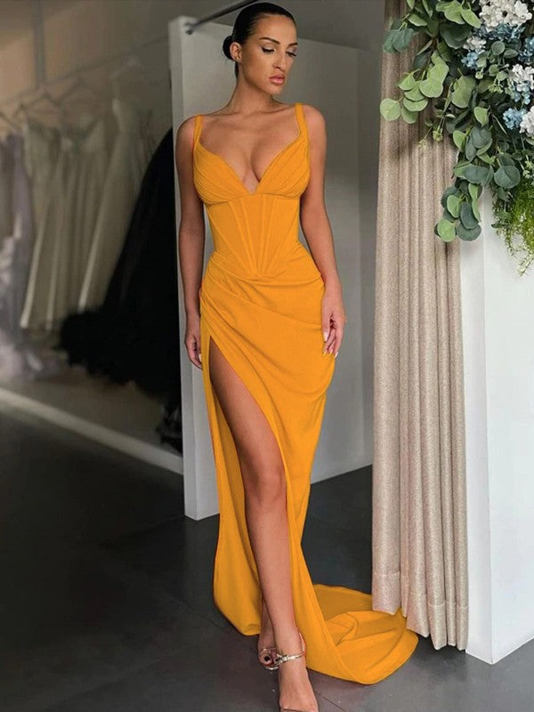 Sheath/Column Stretch Crepe Ruched V-neck Sleeveless Sweep/Brush Train Dresses