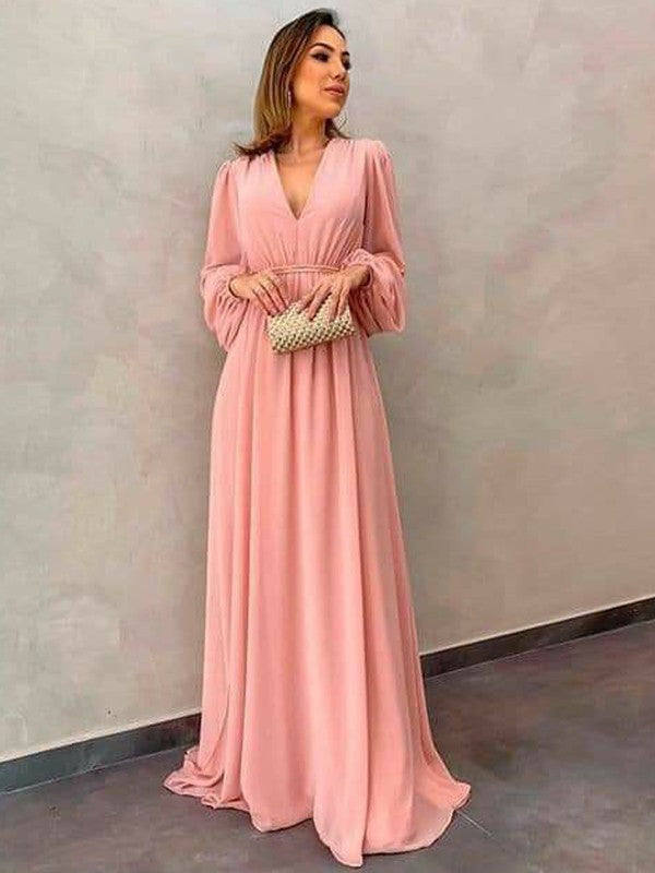 A-Line/Princess Chiffon Ruffles V-neck Long Sleeves Sweep/Brush Train Mother of the Bride Dresses
