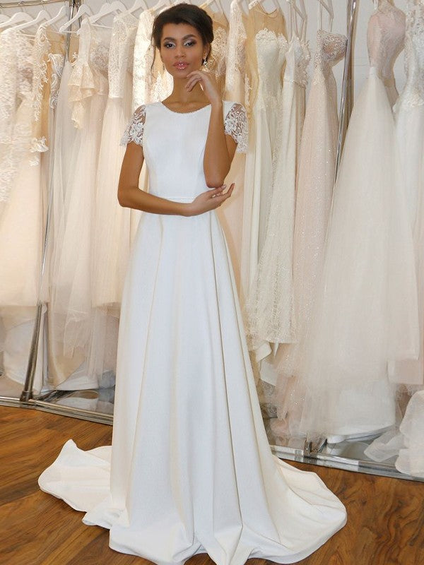 A-Line/Princess Stretch Crepe Lace Scoop Short Sleeves Sweep/Brush Train Wedding Dresses