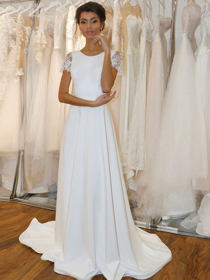 A-Line/Princess Stretch Crepe Lace Scoop Short Sleeves Sweep/Brush Train Wedding Dresses