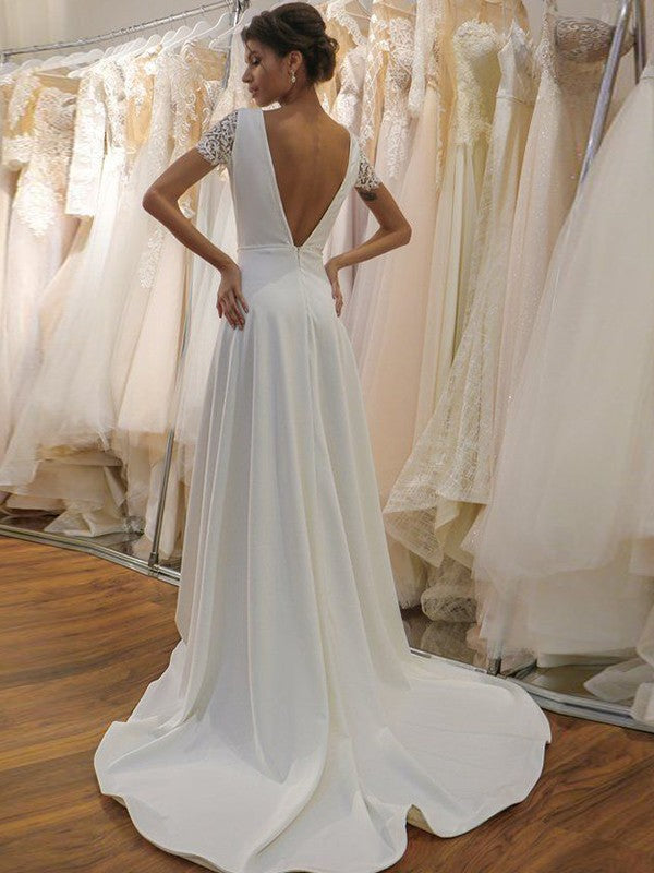 A-Line/Princess Stretch Crepe Lace Scoop Short Sleeves Sweep/Brush Train Wedding Dresses