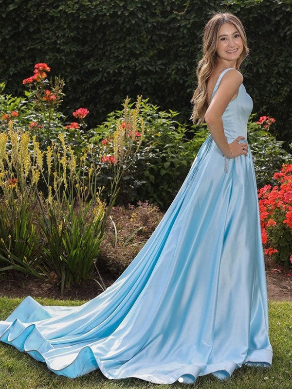 A-Line/Princess Satin Ruffles Straps Sleeveless Court Train Dresses