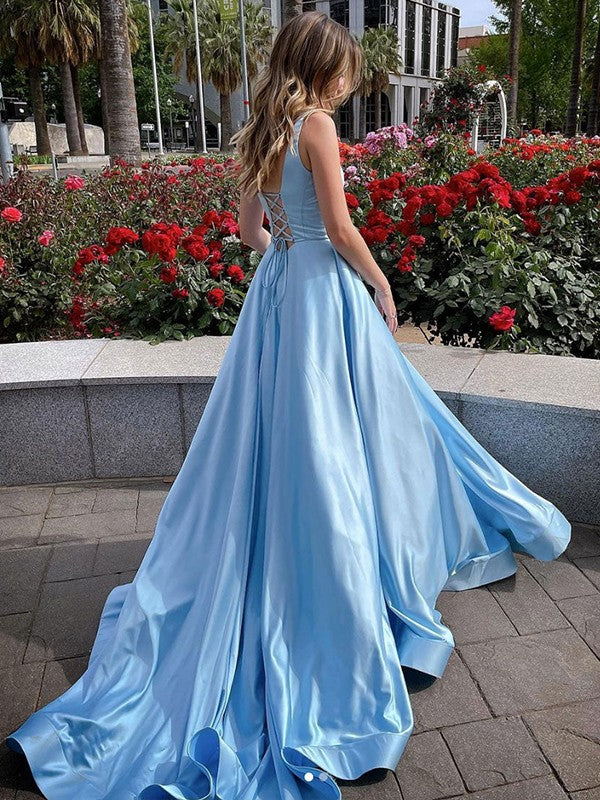 A-Line/Princess Satin Ruffles Straps Sleeveless Court Train Dresses