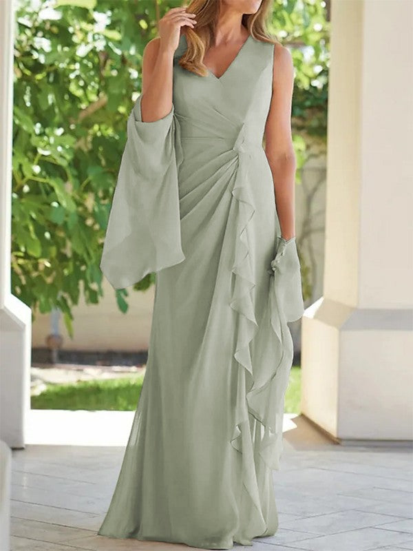 Eng anliegendes/säulenförmiges Chiffon-Kleid mit Plissee, V-Ausschnitt, ärmellos und bodenlang für die Mutter der Braut
