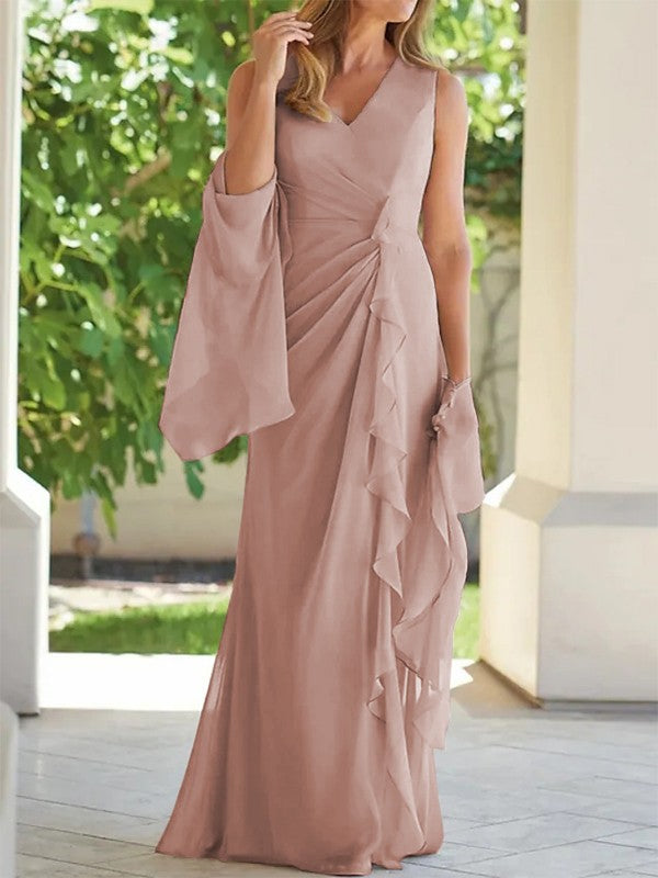 Eng anliegendes/säulenförmiges Chiffon-Kleid mit Plissee, V-Ausschnitt, ärmellos und bodenlang für die Mutter der Braut