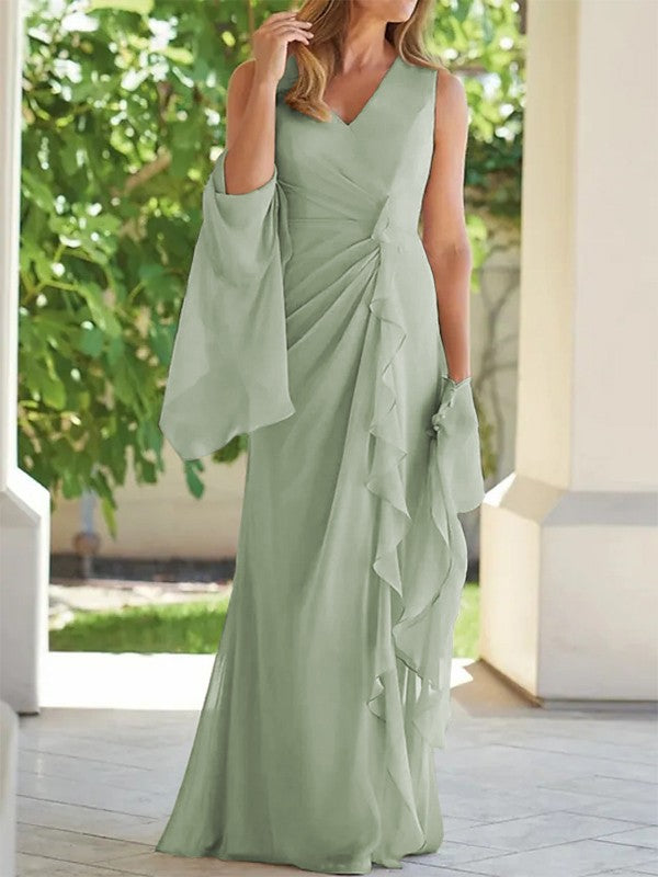 Eng anliegendes/säulenförmiges Chiffon-Kleid mit Plissee, V-Ausschnitt, ärmellos und bodenlang für die Mutter der Braut