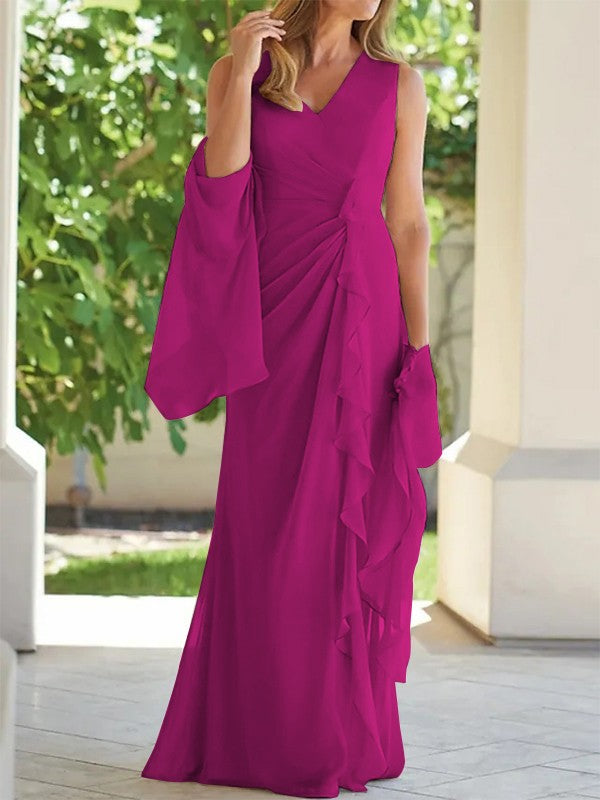 Eng anliegendes/säulenförmiges Chiffon-Kleid mit Plissee, V-Ausschnitt, ärmellos und bodenlang für die Mutter der Braut